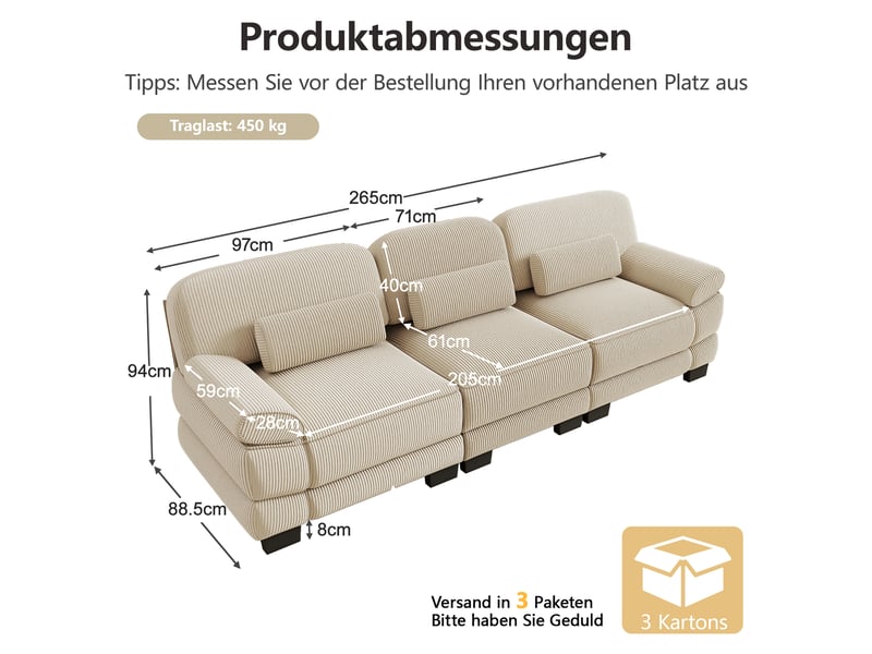Canapé modulable 3 places en velours côtelé beige, assise profonde, coussin lombaire inclus, 265×88,5×94 cm - Conforama C