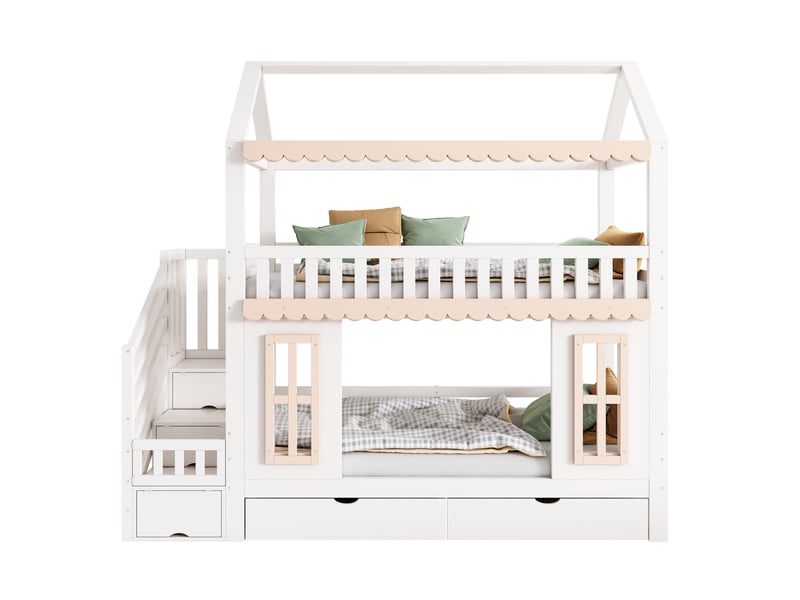 Lit superposé enfant 90x200 cm forme maison blanc et naturel avec rangements - Conforama A