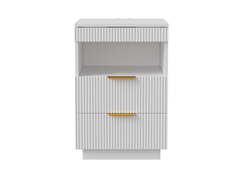  Table de chevet style luxe blanc à texture cannelée 60×40×40 cm, 2 tiroirs avec tiroir caché, éclairage led rgb, station de charge prises secteur, usb‑a et usb‑c, compartiment de rangement ouvert  - Conforama W