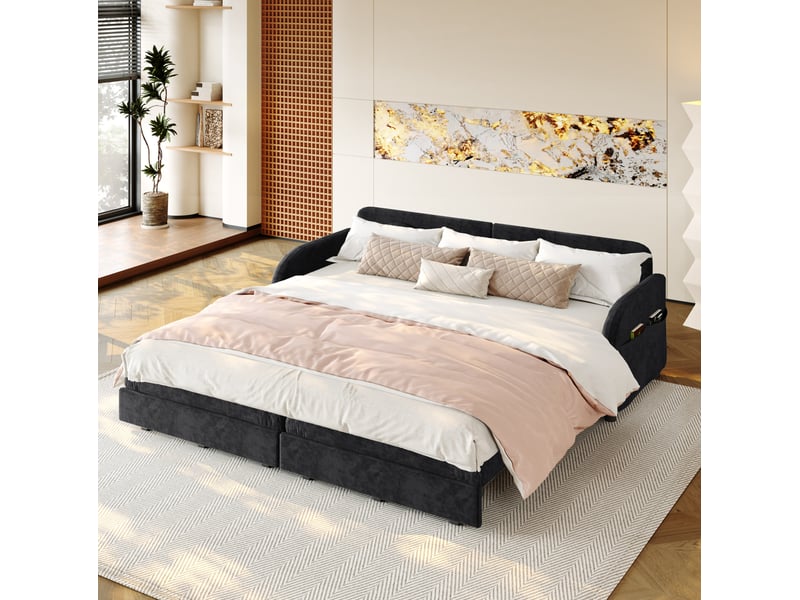  Canapé-lit 2 places 206x84x90 cm 3-en-1, poche latérale, canape droit en métal, bois, mousse et tissu chenille noir  - Conforama E