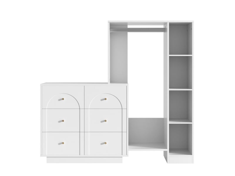  Armoire moderne, avec tringle, 6 tiroirs et étagères latérales, 139 × 35 × 133 cm, blanc  - Conforama A