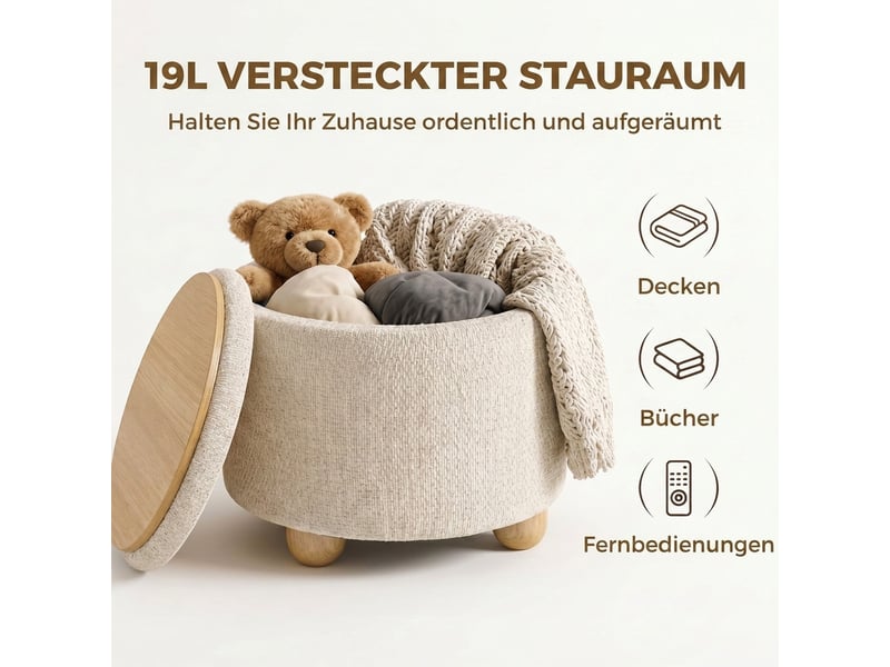 Pouf coffre rond couvercle réversible aspect lin beige 38,5x38,5x33,5 cm  - Conforama E