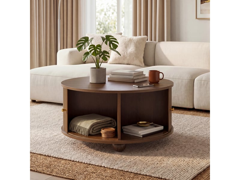  Table basse rond 72x72x38 cm ,2 portes coulissantes,4 compartiments,meuble salon avec relief vertical, pieds métal sphériques, mdf, noyer BUYDEEMEUS - Conforama C