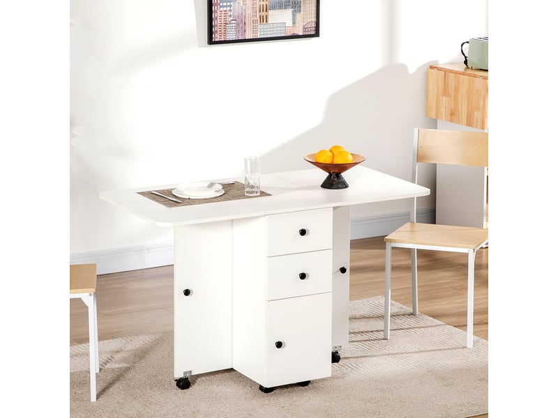  Table pliante à roulettes avec abattants, table d'appoint multifonctionnelle avec rangement, 120 x 60 x 76,5 cm, blanche  - Conforama C