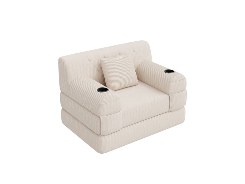 Fauteuil convertible beige en velours côtelé, 2 porte-gobelets, 4 poches - Conforama E