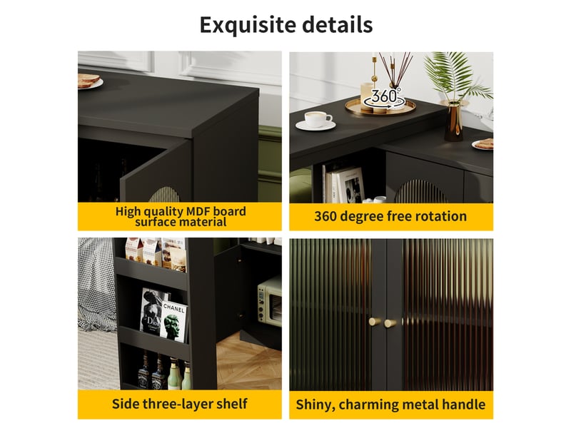 Meuble bar rotatif 360° 120x40x97 cm, avec rangement et portes vitrées cannelées, îlot de cuisine en mdf - noir - Conforama E