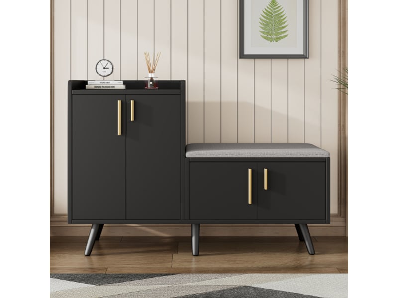  Meuble à chaussures avec banc rembourré et 4 portes, design moderne noir pour entrée &amp; salon  - Conforama B