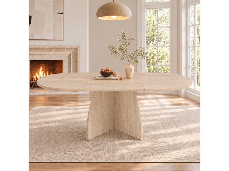  Table extensible 120 à 180x90 cm pour 6 à 8 personnes, table à manger moderne avec plateau de 18 mm et angles arrondis, effet travertin Seren Glow - Conforama D