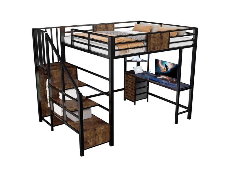  Lit mezzanine 140x200 cm avec bureau, étagères, penderie, lit enfant avec led et prise, métal et mdf, noir sans matelas  - Conforama A