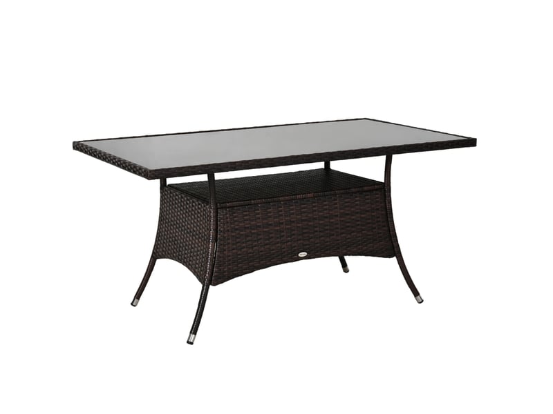 Table de jardin en résine tressée 150x85x74 cm – marron – plateau en verre de sécurité avec étagère - Conforama A