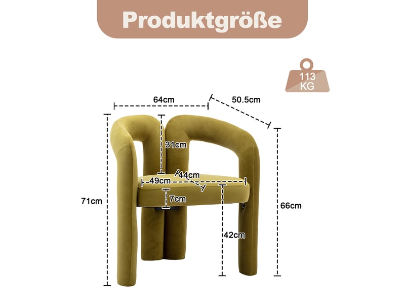  Chaise de salle à manger rembourrée avec dossier arrondi, accoudoirs et structure stable, en velours, vert olive  - Conforama E