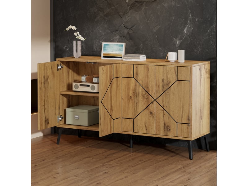  Buffet ulevr 4 portes avec rangement 120 x 35 x 69 cm, mdf et métal, décor chêne naturel, ouverture par pression  - Conforama E