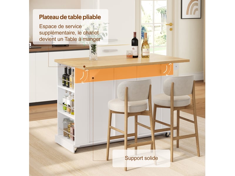 Îlot de cuisine mobile 120x4570x90 cm, plateau rabattable, 3 tiroirs, roulettes verrouillables, mdf, blanc - Conforama E