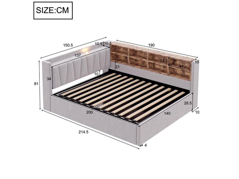  Lit coffre 2 places 140x200 cm avec rangement et ports usb gris clair  - Conforama C