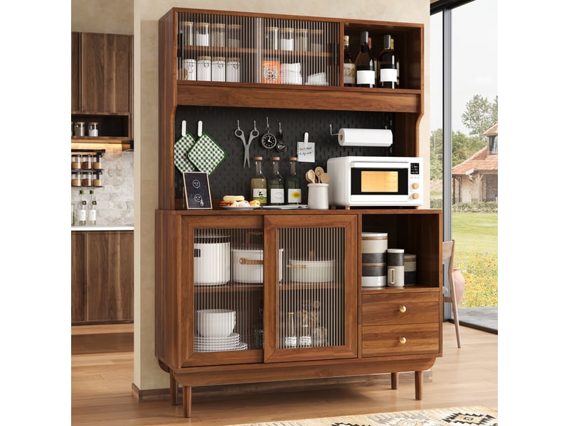 Meuble de cuisine muvano, buffet haut couleur noyer, 4 portes coulissantes en verre strié, 117 × 30 × 170 cm - Conforama D