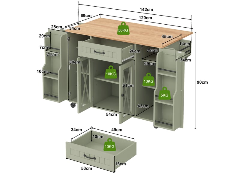 Îlot de cuisine mobile - 120x69x90 cm - sur roulettes - tiroirs - portes de rangement - rangement à vin - plateau rabattable - vert CozyNest - Conforama D