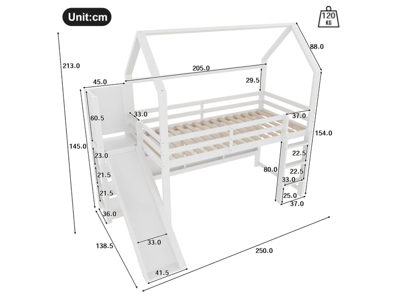  Lit mezzanine enfant 90x200 cm, forme maison avec toboggan, rangements, pin, mdf, contreplaqué, blanc, sans matelas  - Conforama C