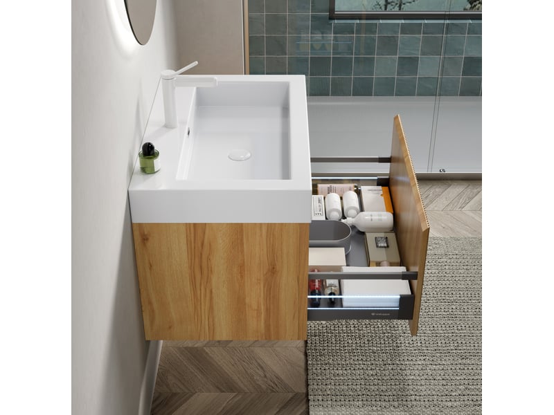 Meuble sous vasque suspendu avec 1 tiroir et vasque rectangulaire en résine blanche pour salle de bain 70 × 46 × 50 cm - Conforama E
