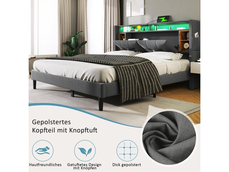  Lit coffre 160x200 cm avec tête de lit rangement, éclairage led, prises usb et secteur, lit double rembourré avec sommier à lattes en bois - gris  - Conforama E