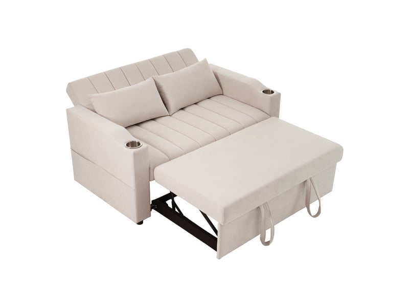 Canapé convertible 2 places avec dossier réglable, porte-gobelets et 2 coussins, canapé-lit multifonction - beige - Conforama A