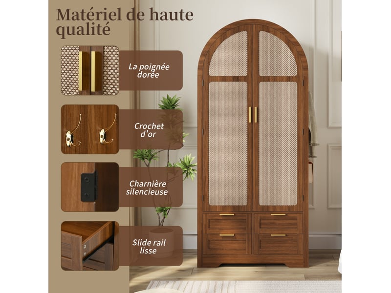  Armoire penderie 80x50x180 cm, 2 portes courbes, tiroirs, cannage en rotin, rangements mdf, noyer  - Conforama E