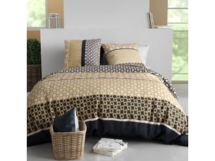 Parure housse de couette 240x220cm + 2 taies motif géométrique beige et noir 100% coton - melusine