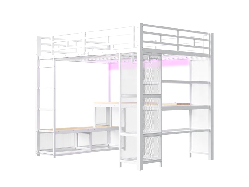  Lit mezzanine 140x200 cm blanc, avec bureau, rangements, penderie, led 16 couleurs, usb, structure métal, sommier inclus, sans matelas  - Conforama D