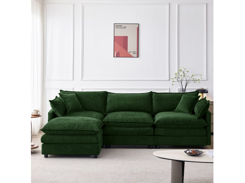 Canapé d’angle modulable 3 places avec pouf, tissu chenille vert, 267x154x85 cm - Conforama B