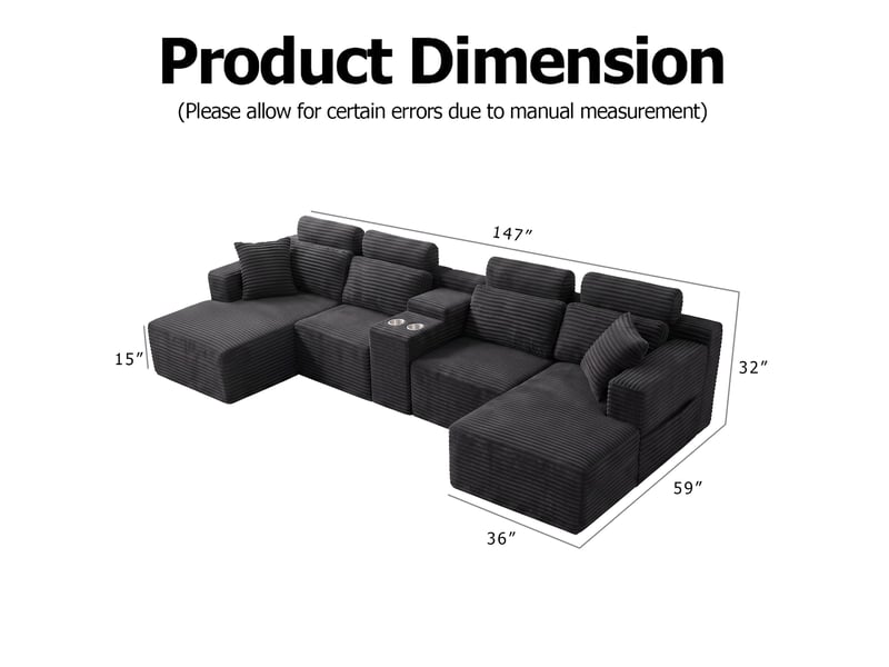  Canapé panoramique en u - 373x150x81cm - canapé modulaire velours côtelé avec porte-gobelets, assise profonde - gris  - Conforama E