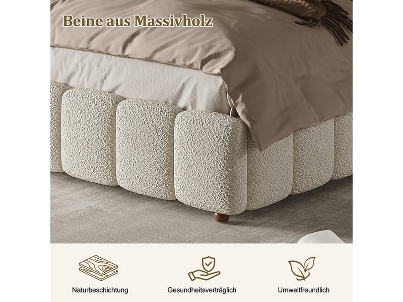  Lit coffre 180 × 200 cm, bouclé, sommier à lattes, tête de lit rembourrée, rangement, ouverture hydraulique, blanc  - Conforama E