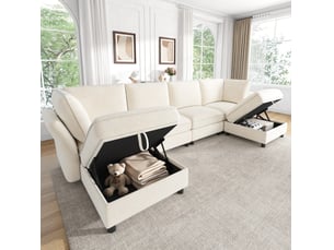 Canapé modulable panoramique fixe FLORAGRACE 4071258362420 6 places Tissu beige avec coffre de rangement