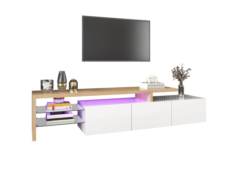  Meuble tv modenvie moderne 197,5 x 39 x 42 cm mdf et verre blanc et décor bois led 7 couleurs  - Conforama A