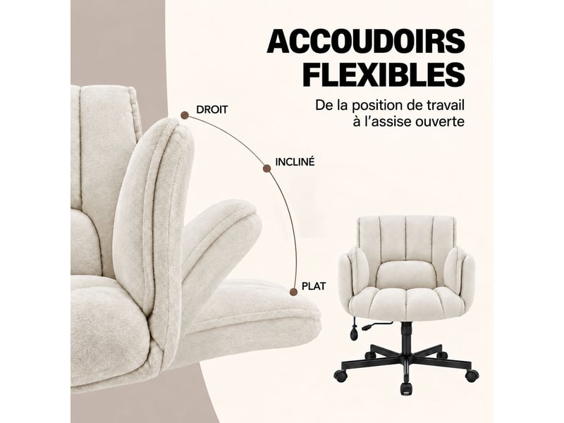  Fauteuil ergonomique tissu accoudoirs rabattables, coussin lombaire gonflable, assise large, pivot 360° 150kg-beige  - Conforama D