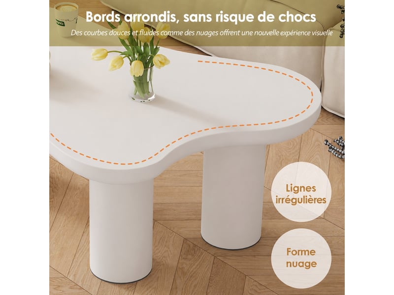  Table basse irrégulière en forme de nuage, plateau en mdf et pieds en pvc, avec patin en feutre, blanc  - Conforama D