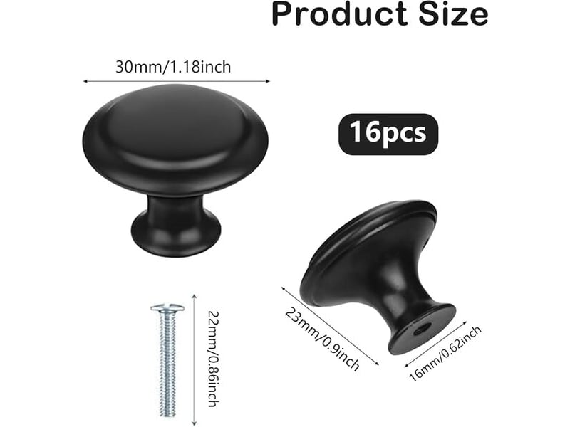  Set de 16 poignées rondes noires de 30 mm, poignées pour tiroirs de cuisine et commodes avec vis de fixation  - Conforama B