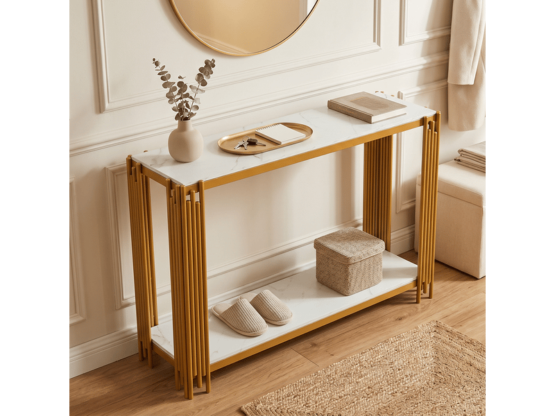  Console 123,5 cm – effet marbre blanc et doré avec 2 étagères – meuble d'entrée moderne – structure métallique robuste  - Conforama C