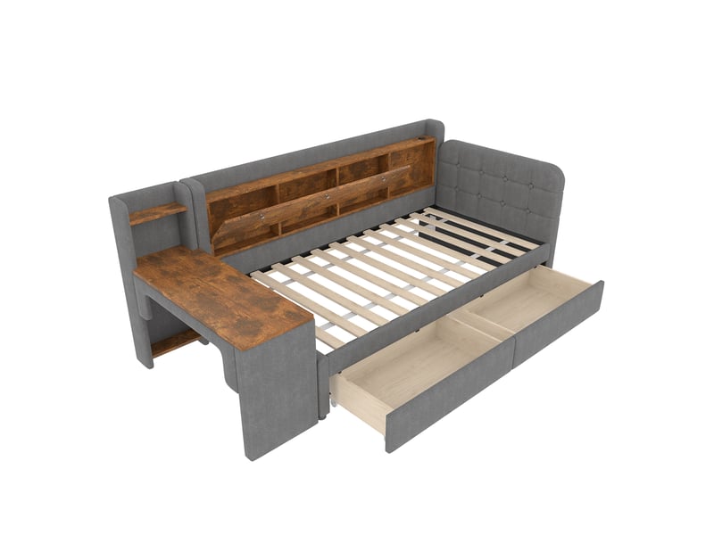  Lit banquette 90x200 en lin gris, lit canapé avec bureau modulable, 2 tiroirs et ports usb type c  - Conforama R