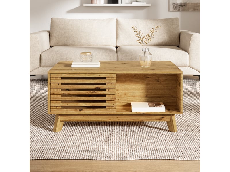  Table basse 90x55x57,5 cm effet bois naturel avec plateau relevable  - Conforama E
