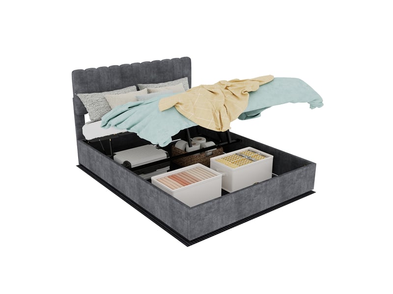  Lit coffre ulevr 140x200 cm avec tête de lit capitonnée, rangement relevable, matelas inclus, velours gris, structure métal  - Conforama A