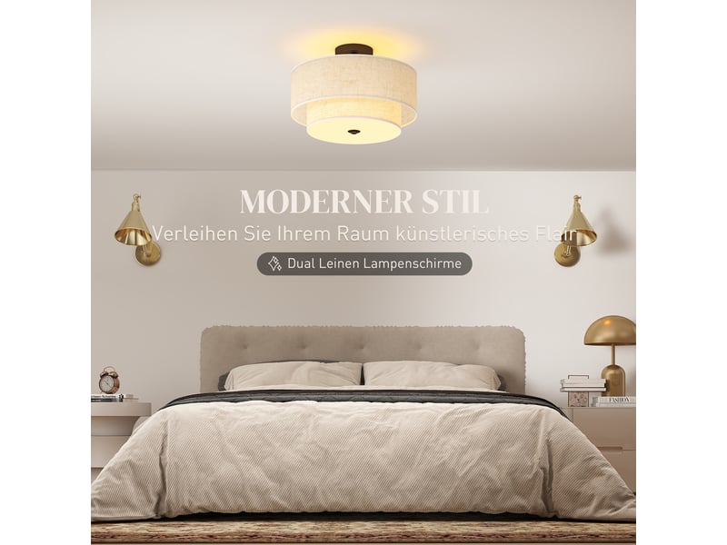  Plafonnier, suspension à double abat-jour aspect lin, blanc crème  - Conforama D