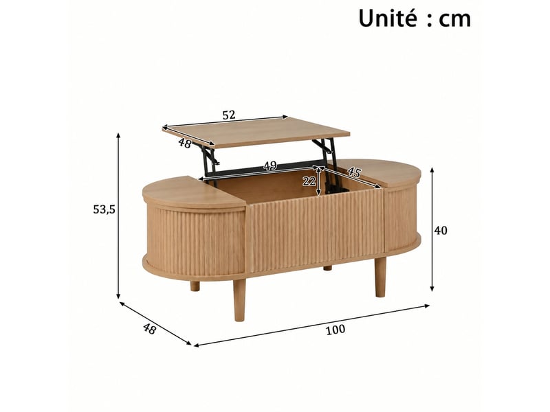  Table basse ovale relevable vintage avec portes rainurées et rangement  - Conforama C