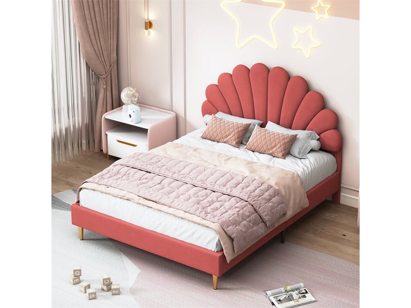  Lit 140x200cm - lit double 140x200cm - lit rembourré en velours avec tête de lit design coquillage et sommier - bordeaux  - Conforama B