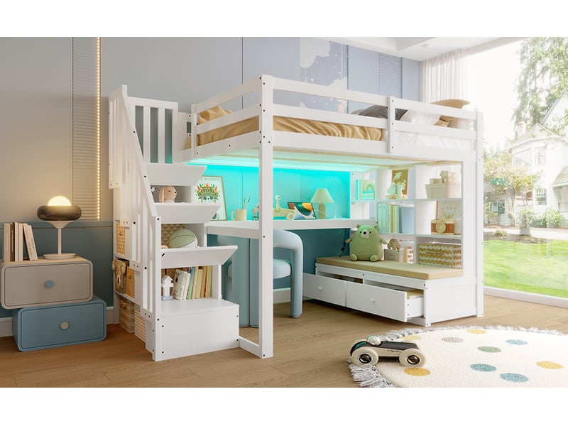  Lit mezzanine 140 x 200 cm, lit enfant surélevé, 2 tiroirs, bureau intégré, étagères ouvertes, éclairage led, échelle, bois massif, blanc Morn Vibe - Conforama E