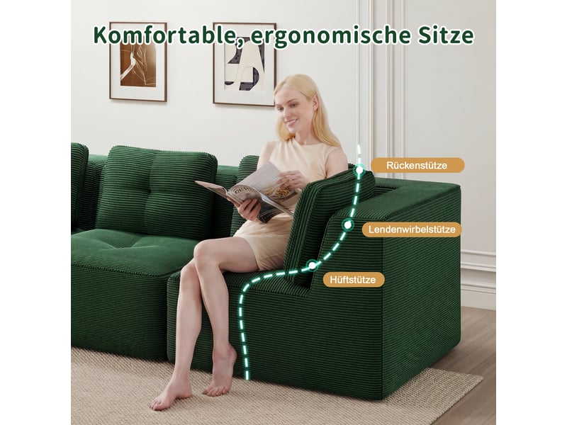Canapé droit modulable 4 places velours côtelé vert – 386 x 104 x 69 cm Fay Lum - Conforama W