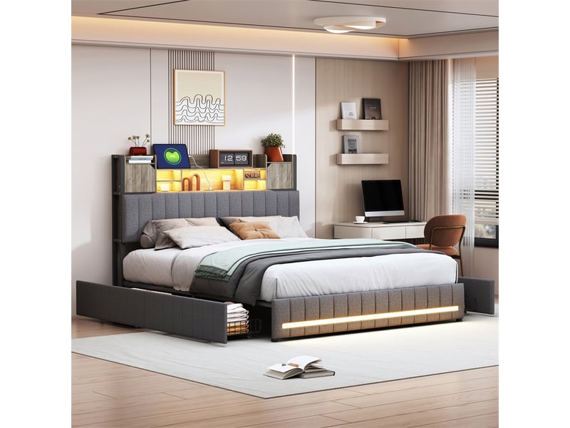  Lit 140x190cm - lit double 140x190cm - lit avec tête de lit de rangement led rgb, station de charge et 2 tiroirs - gris  - Conforama B