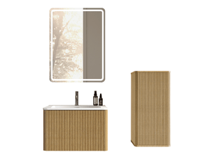 Ensemble salle de bain 60 cm meuble suspendu miroir led colonne coloris chêne
