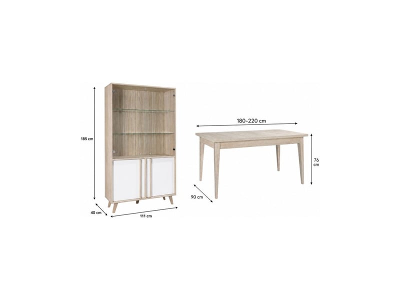  Salle à manger complète malmo avec table extensible et vitrine led – chêne clair et blanc  - Conforama C