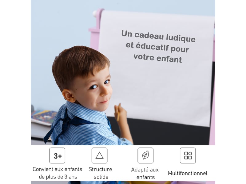  3 en 1 tableau enfant - chevalet enfant - ardoise double face - tableau blanc tableau à craie - rouleau papier avec accessoires + paniers rangement intégrés - mdf rose  - Conforama D