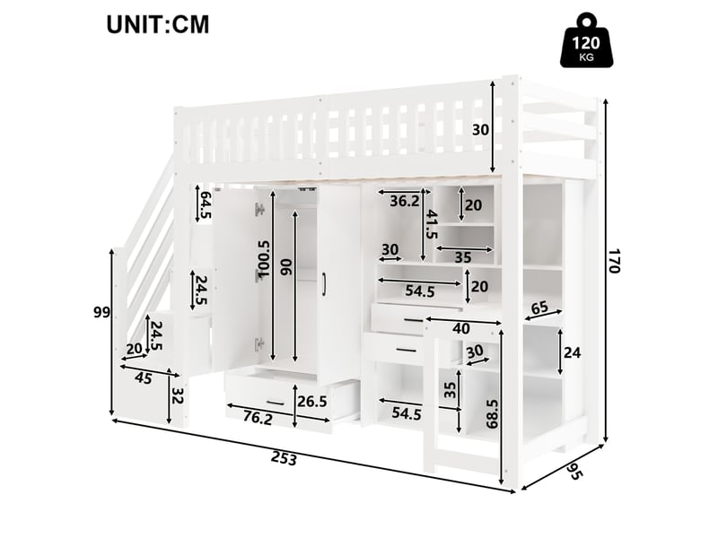  Lit mezzanine enfant 90x200 cm avec bureau, amoire et rangement blanc  - Conforama C