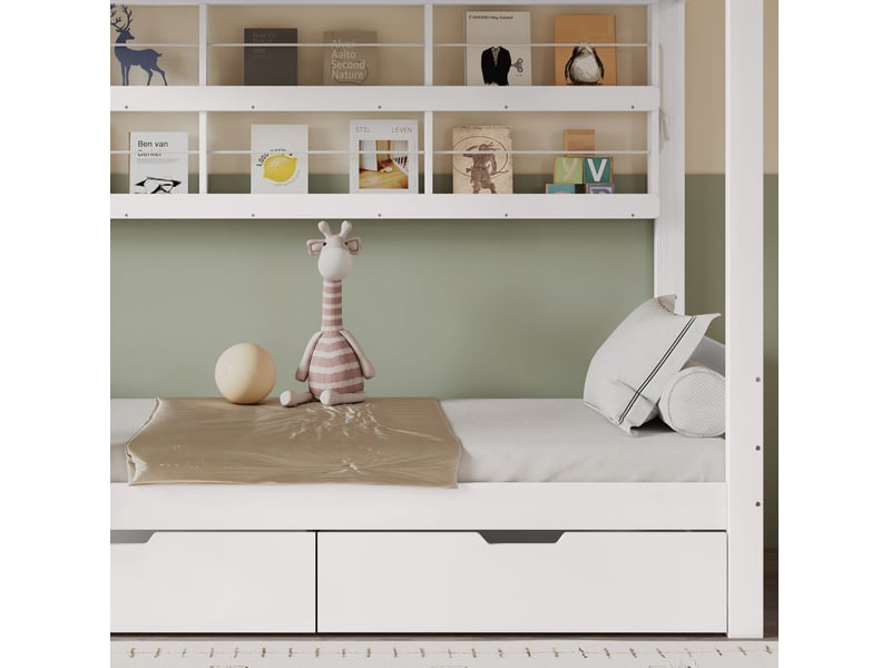 Lit superposé enfant avec barrière de sécurité, deux tiroirs à roulettes et étagère ouverte en bois et mdf blanc 90×200 cm - Conforama E